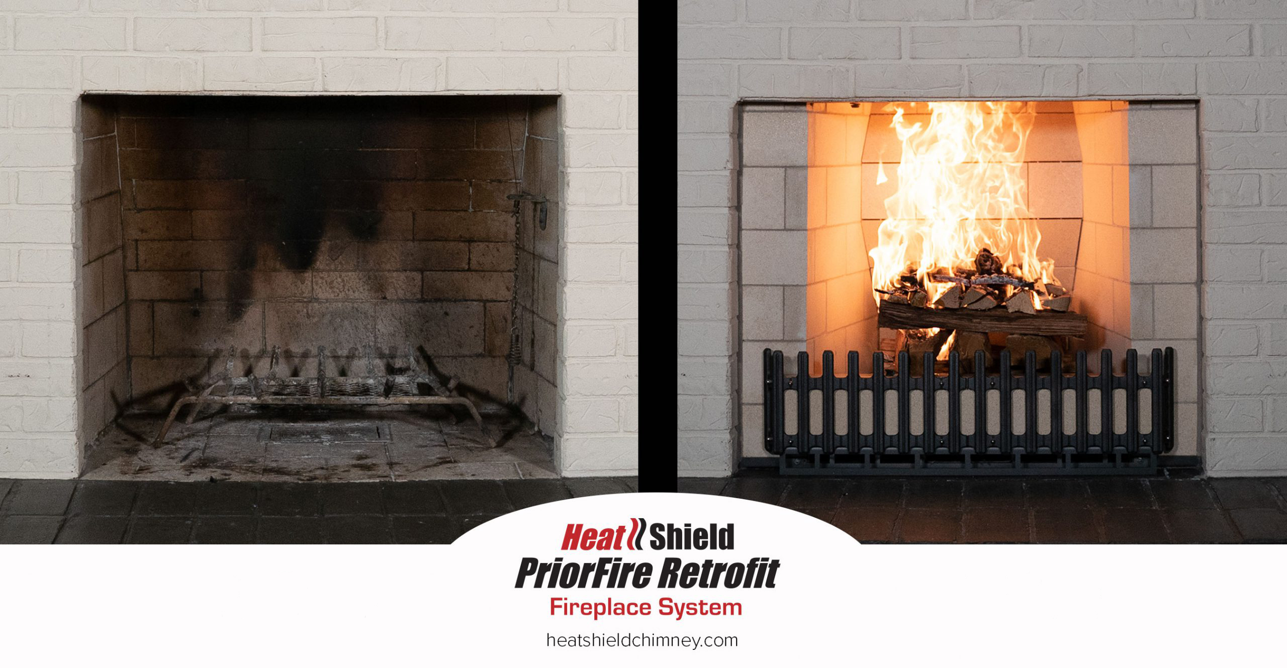 Before and after photos of a PriorFire fireplace retrofit.